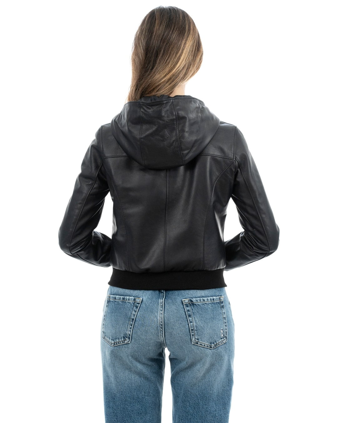 AURORE Giacca Bomber con cappuccio da donna in vera pelle nero