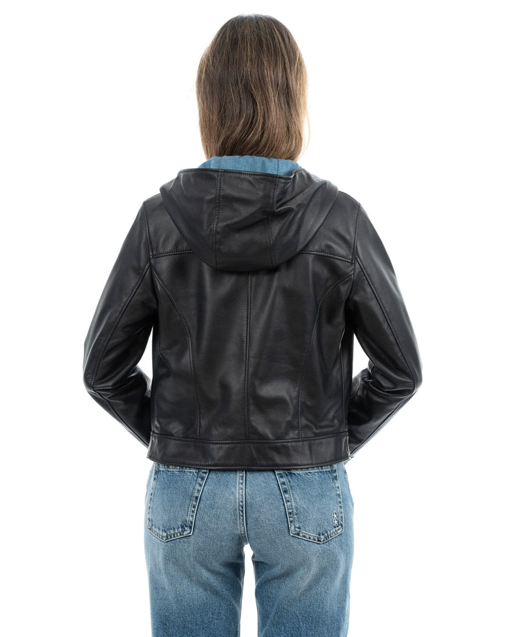 MORENA Giacca con cappuccio da donna in vera pelle nero