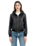 Giacca Bomber con cappuccio da donna in vera pelle nero