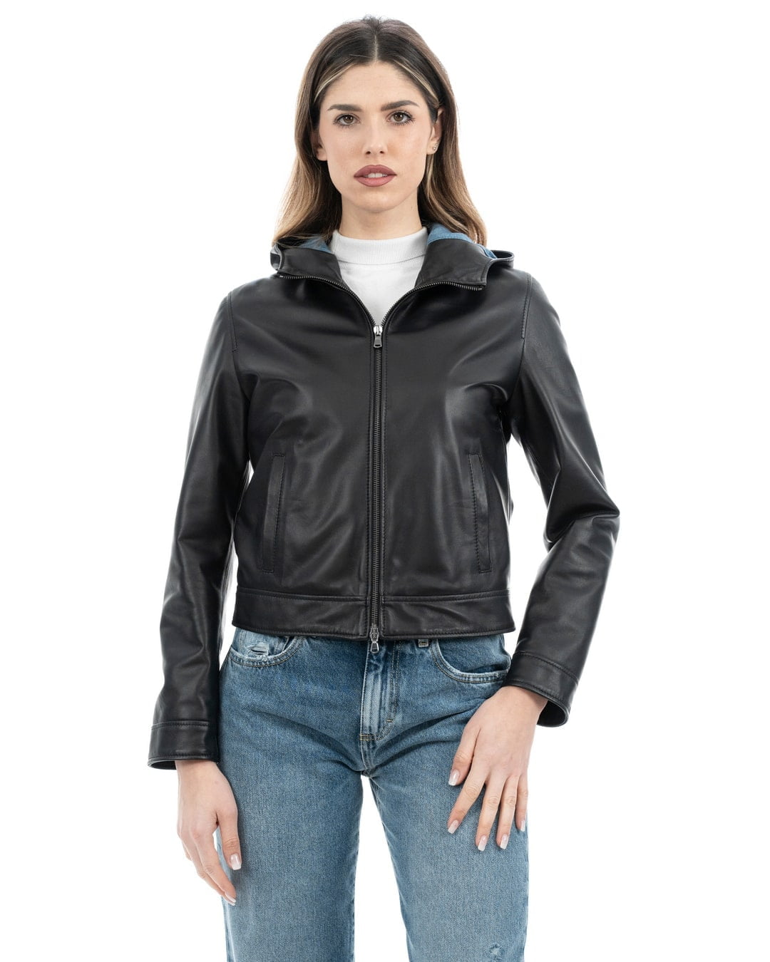 MORENA Giacca con cappuccio da donna in vera pelle nero