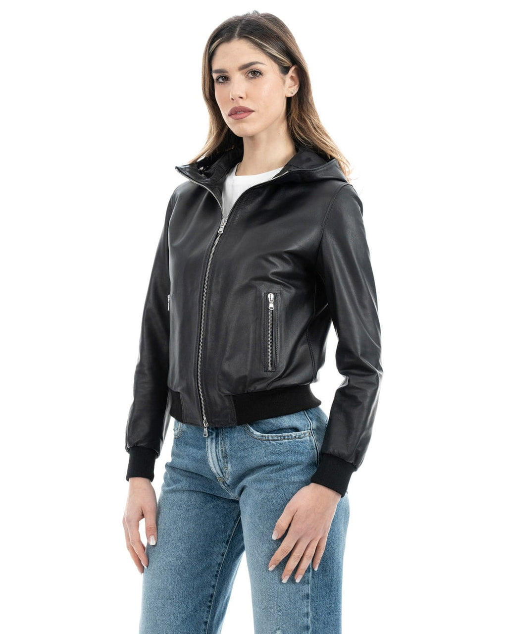AURORE Giacca Bomber con cappuccio da donna in vera pelle nero