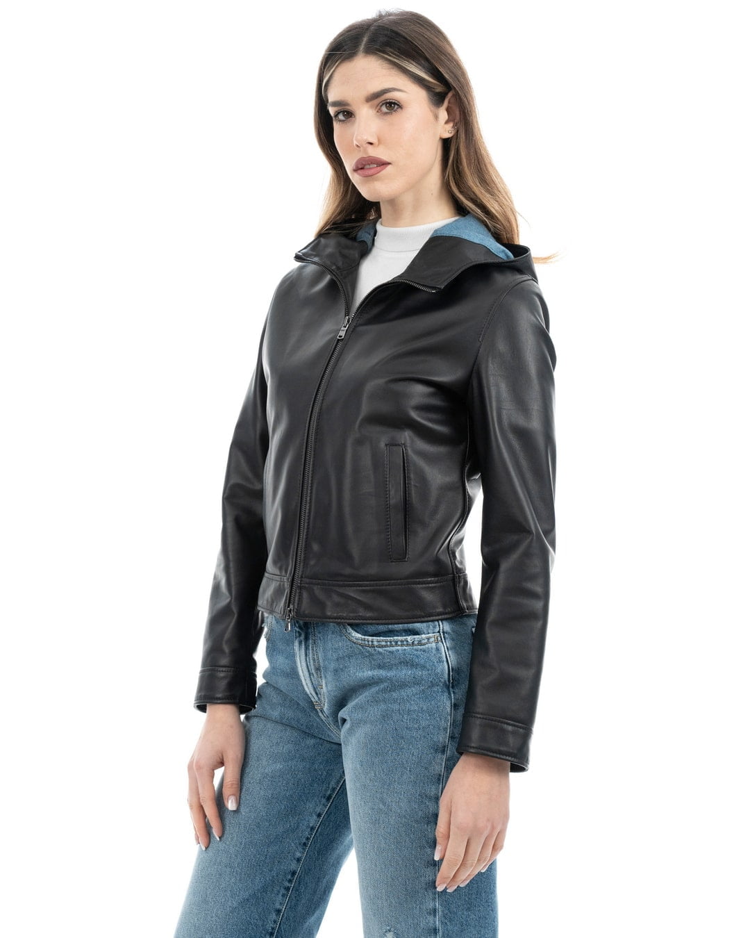 MORENA Giacca con cappuccio da donna in vera pelle nero