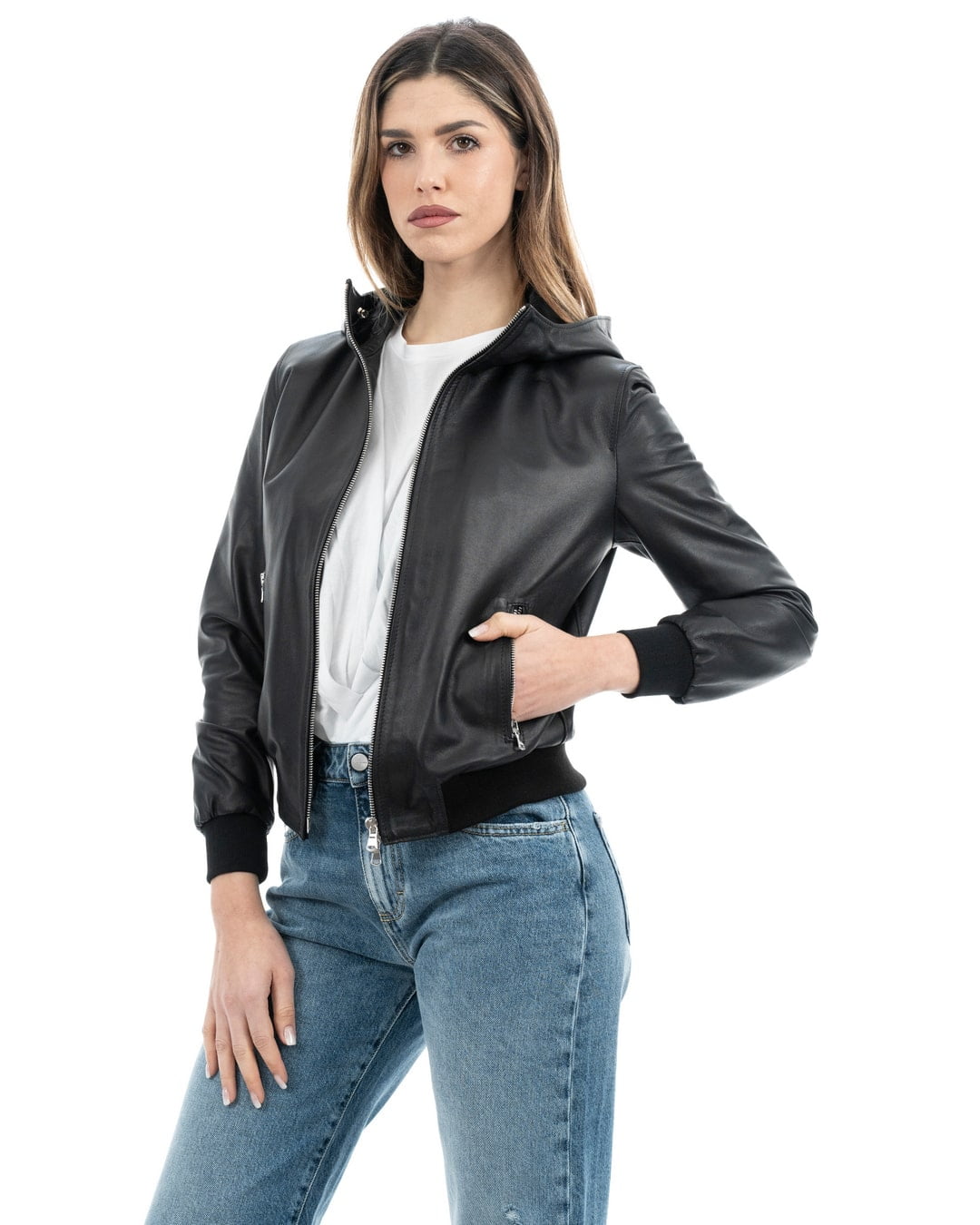 AURORE Giacca Bomber con cappuccio da donna in vera pelle nero