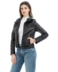 MORENA Giacca con cappuccio da donna in vera pelle nero