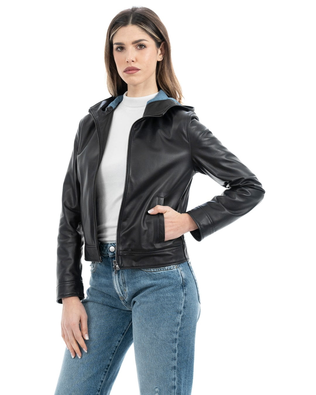 MORENA Giacca con cappuccio da donna in vera pelle nero
