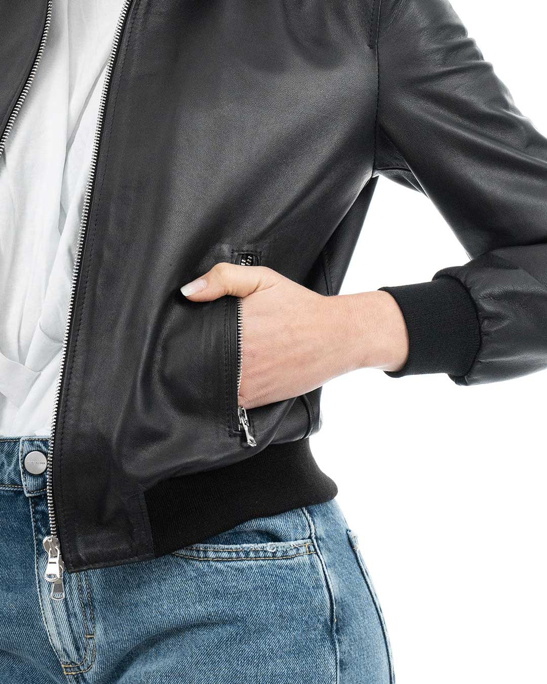 AURORE Giacca Bomber con cappuccio da donna in vera pelle nero