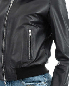 AURORE Giacca Bomber con cappuccio da donna in vera pelle nero
