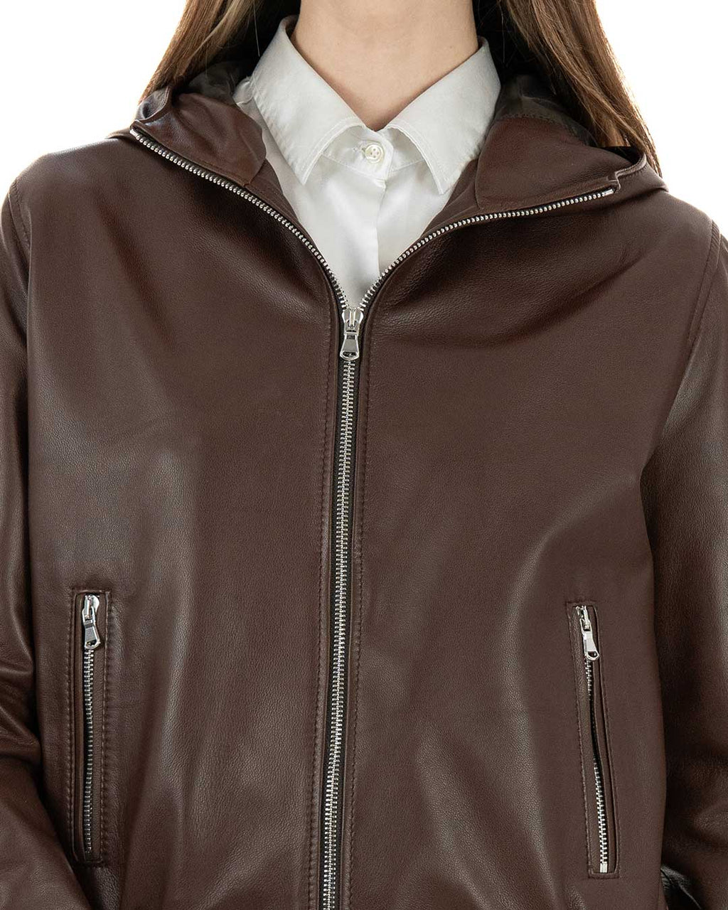 AURORE Giacca Bomber con cappuccio da donna in vera pelle marrone effetto tamponato
