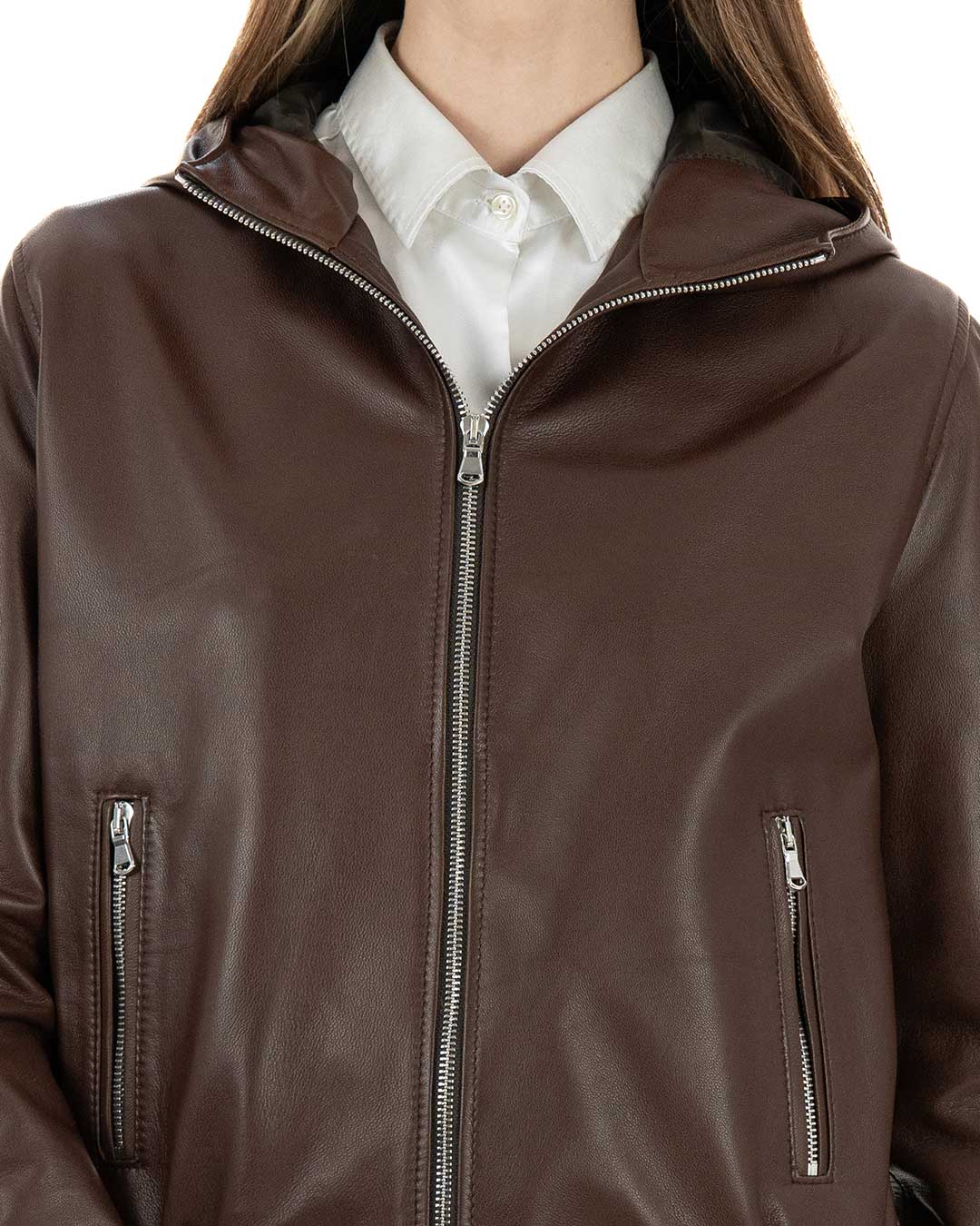 AURORE Giacca Bomber con cappuccio da donna in vera pelle marrone effetto tamponato