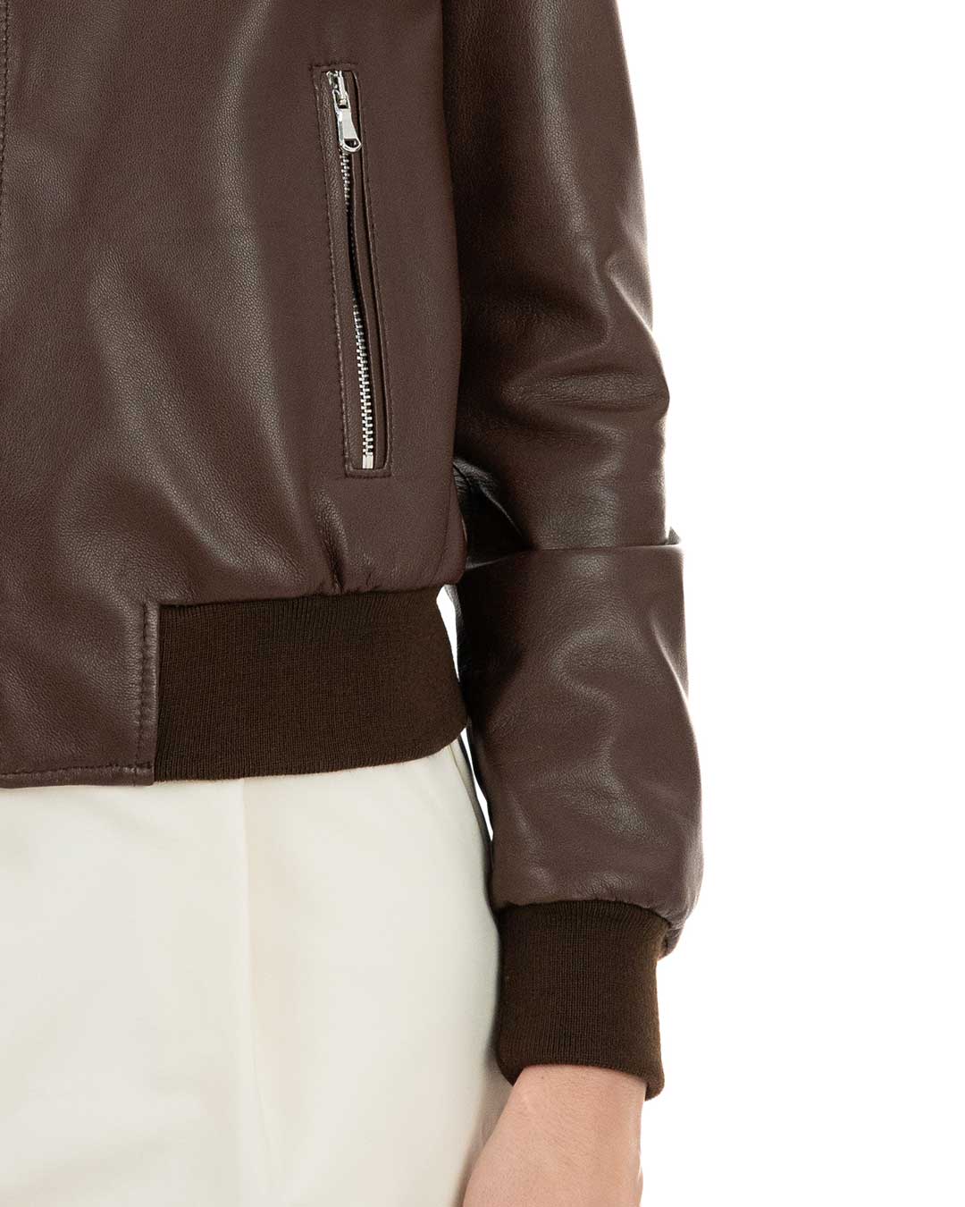 AURORE Giacca Bomber con cappuccio da donna in vera pelle marrone effetto tamponato
