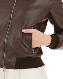 AURORE Giacca Bomber con cappuccio da donna in vera pelle marrone effetto tamponato
