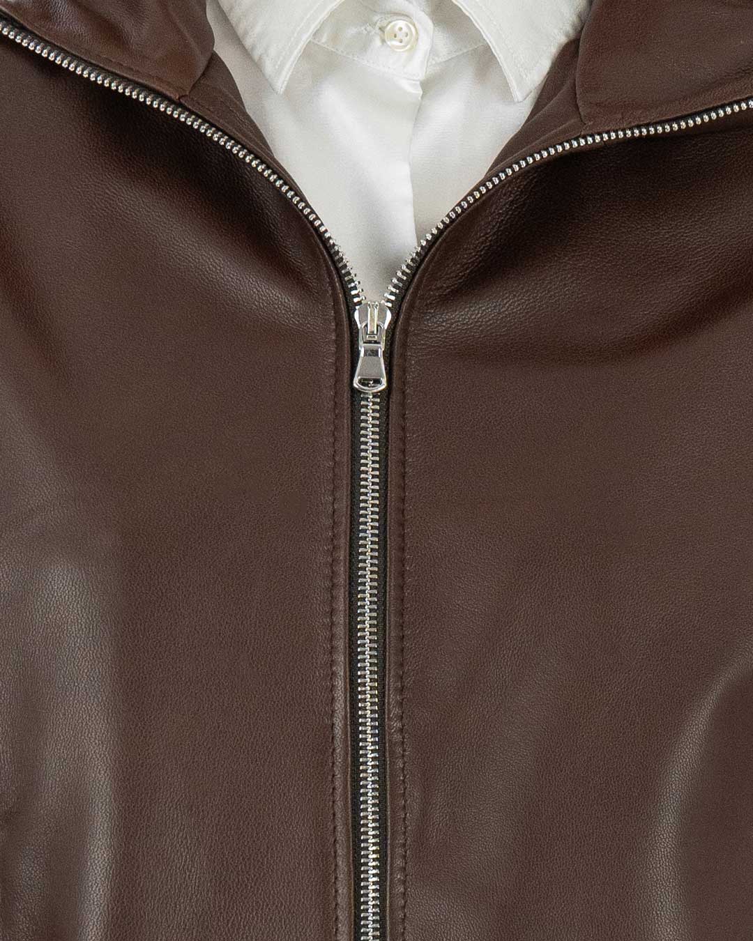 AURORE Giacca Bomber con cappuccio da donna in vera pelle marrone effetto tamponato
