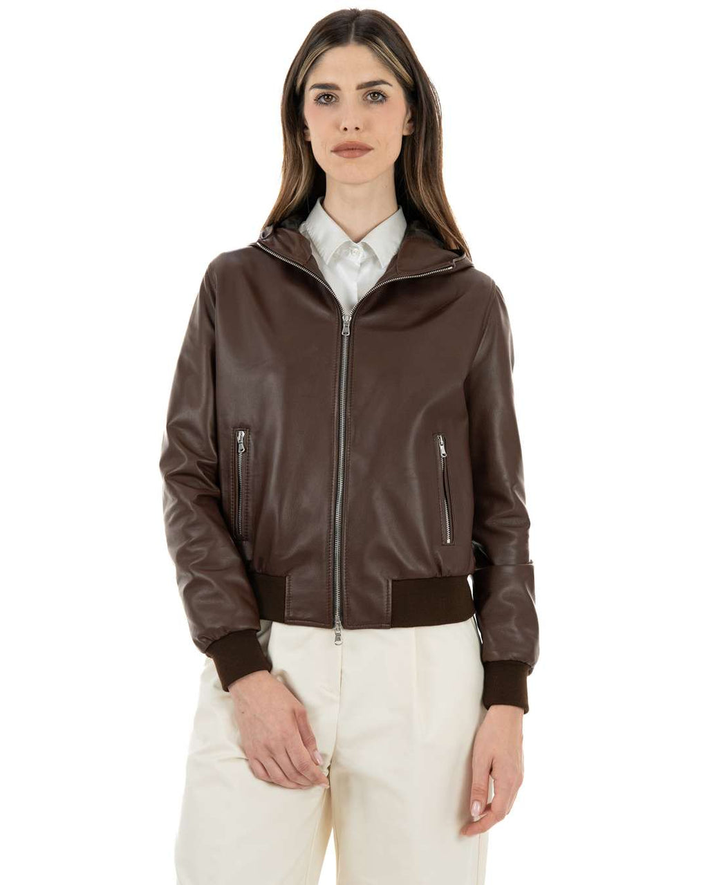 Giacca Bomber con cappuccio da donna in vera pelle marrone effetto tamponato