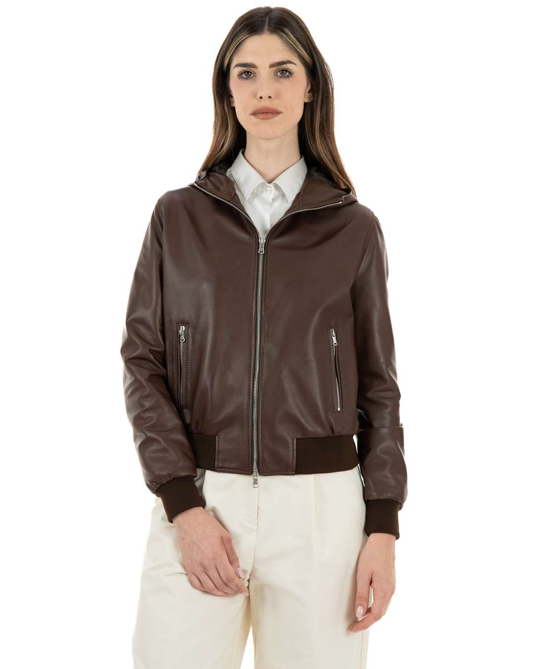 Giacca Bomber con cappuccio da donna in vera pelle marrone effetto tamponato