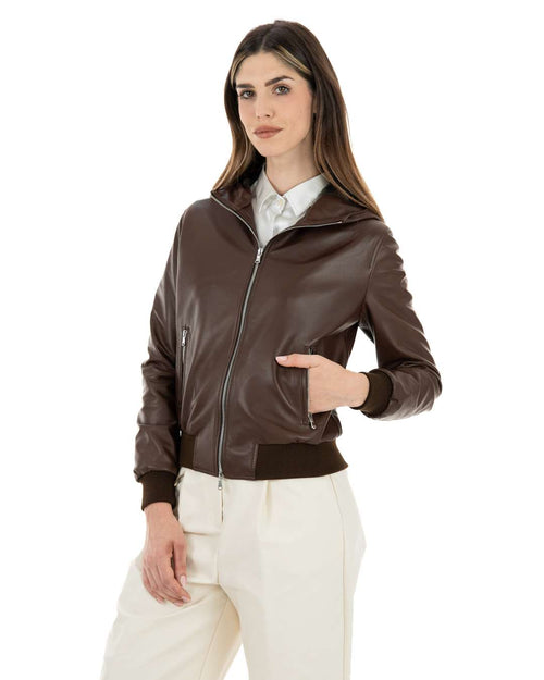 AURORE Giacca Bomber con cappuccio da donna in vera pelle marrone effetto tamponato