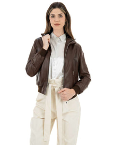 AURORE Giacca Bomber con cappuccio da donna in vera pelle marrone effetto tamponato