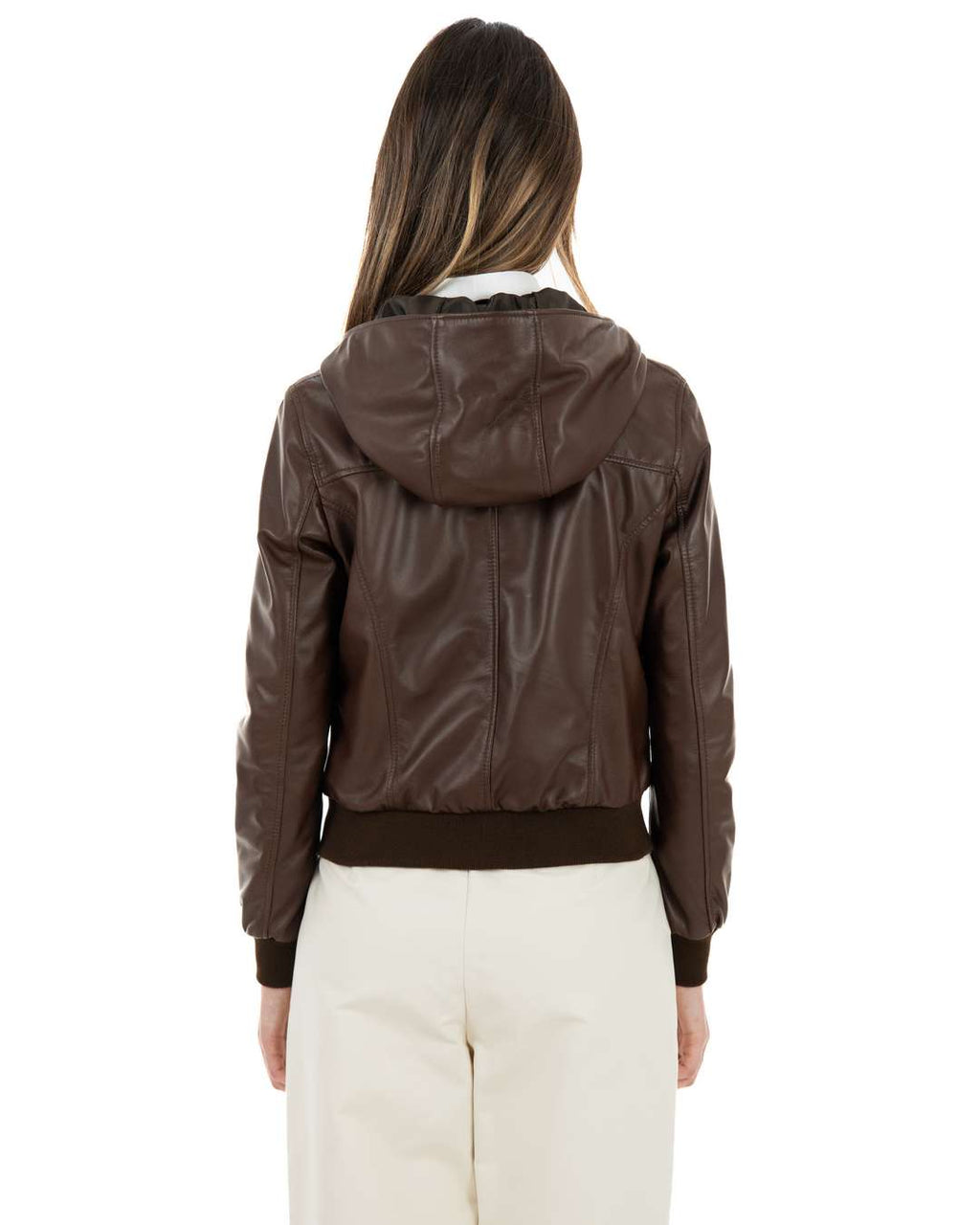 AURORE Giacca Bomber con cappuccio da donna in vera pelle marrone effetto tamponato