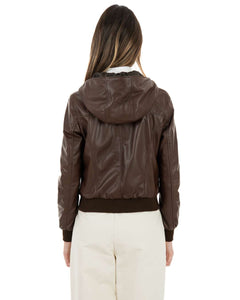 AURORE Giacca Bomber con cappuccio da donna in vera pelle marrone effetto tamponato