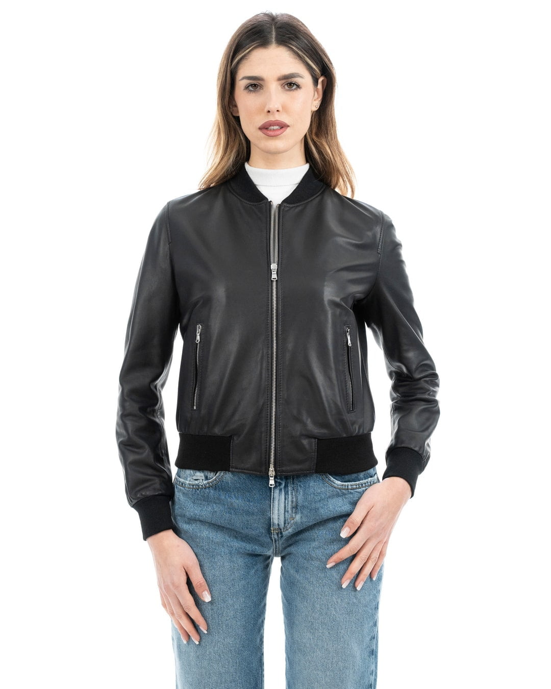 Giacca Bomber da donna in vera pelle nero