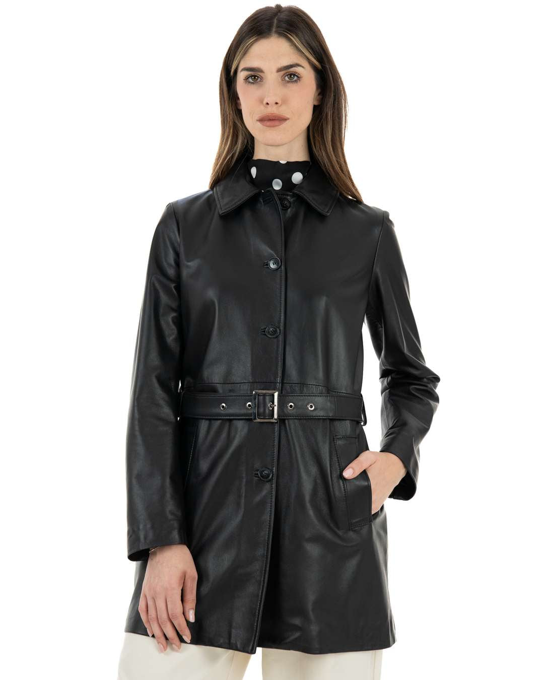 LUISA Giacca Cappottino lungo da donna in vera pelle nero