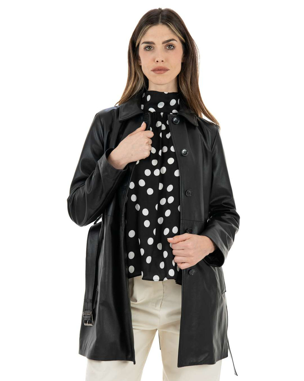 LUISA Giacca Cappottino lungo da donna in vera pelle nero