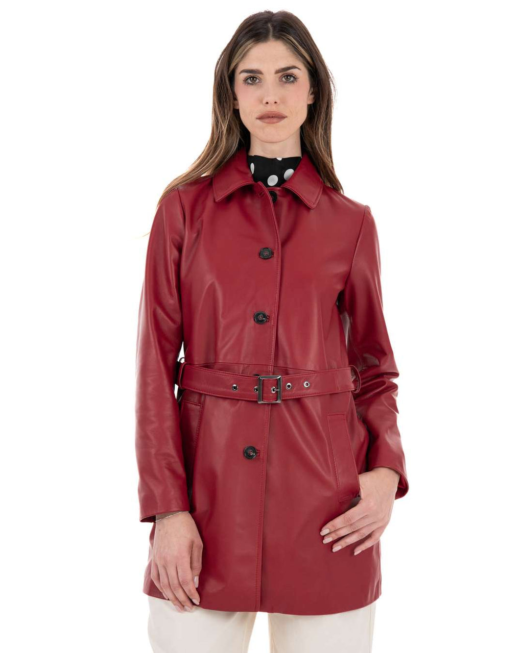 LUISA Giacca Cappottino lungo da donna in vera pelle rosso