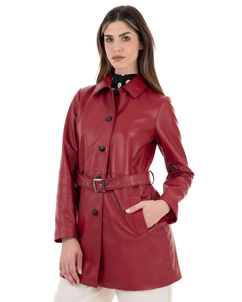 LUISA Giacca Cappottino lungo da donna in vera pelle rosso