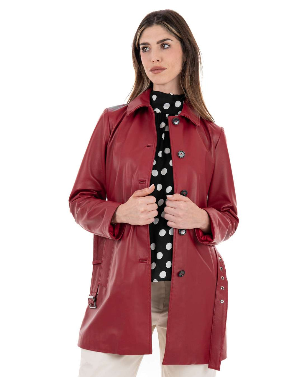 LUISA Giacca Cappottino lungo da donna in vera pelle rosso