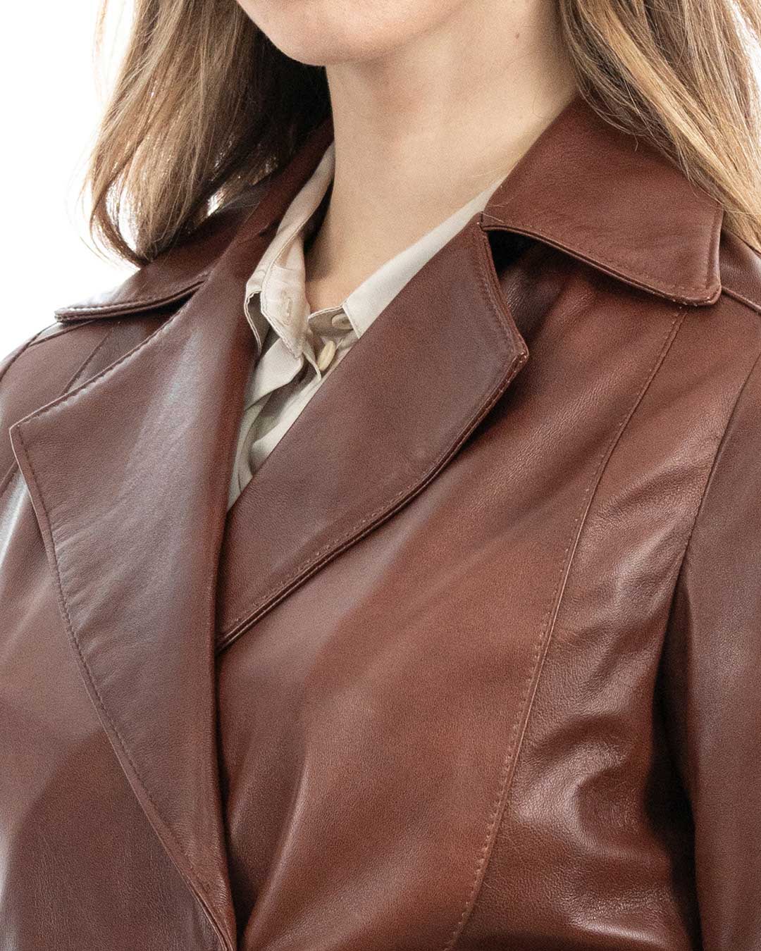 DOMINIQUE Giacca Cappottino lungo da donna in vera pelle mogano