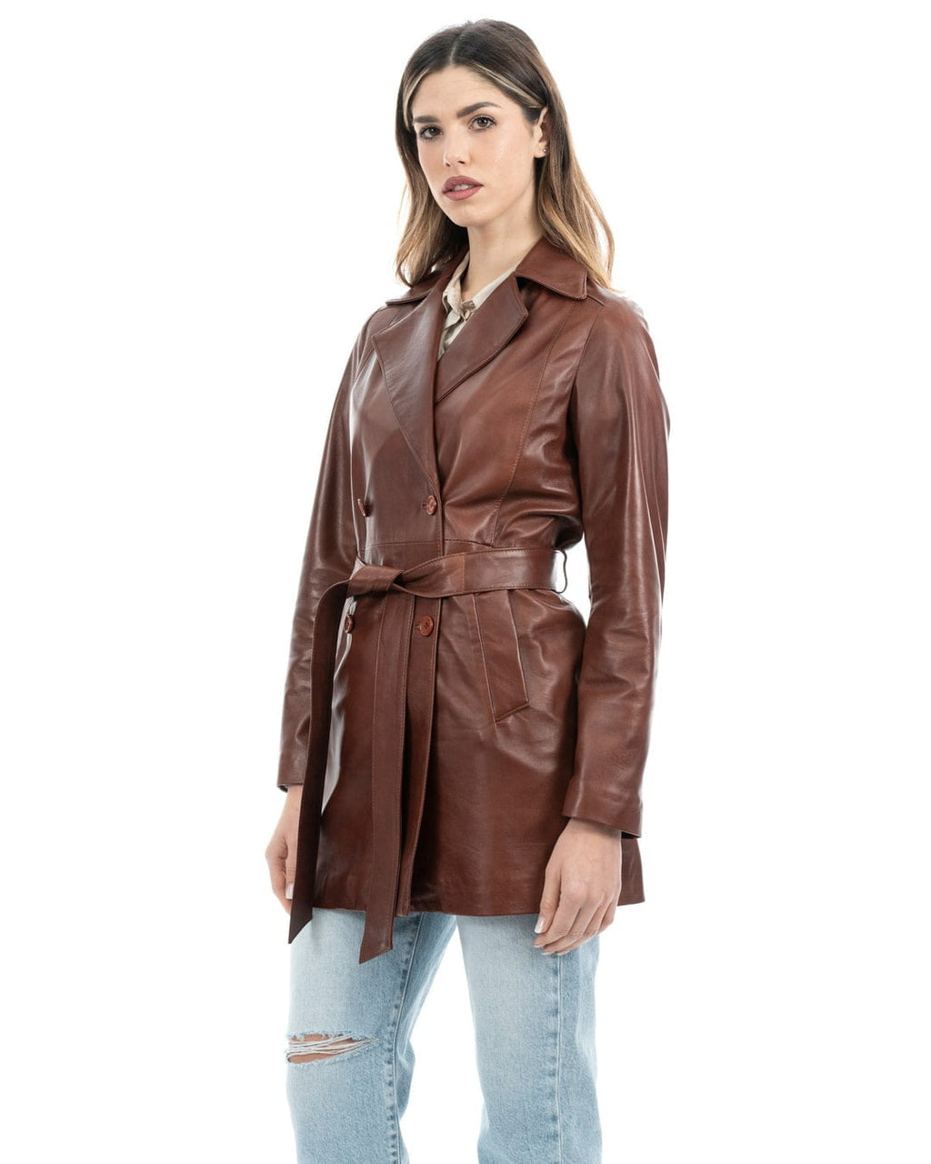 DOMINIQUE Giacca Cappottino lungo da donna in vera pelle mogano