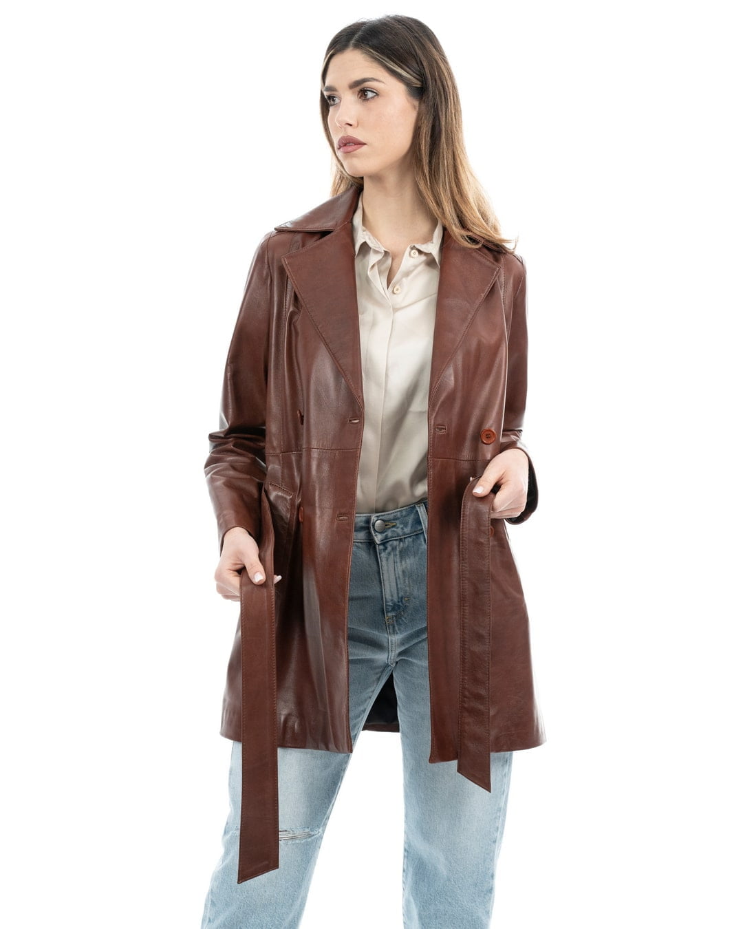 DOMINIQUE Giacca Cappottino lungo da donna in vera pelle mogano