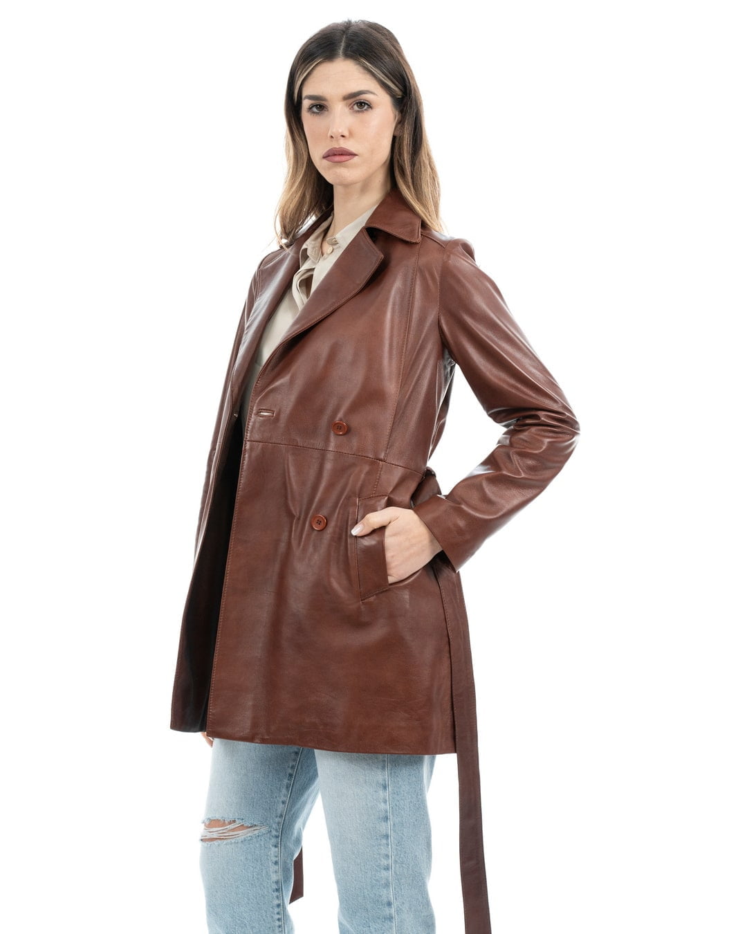 DOMINIQUE Giacca Cappottino lungo da donna in vera pelle mogano