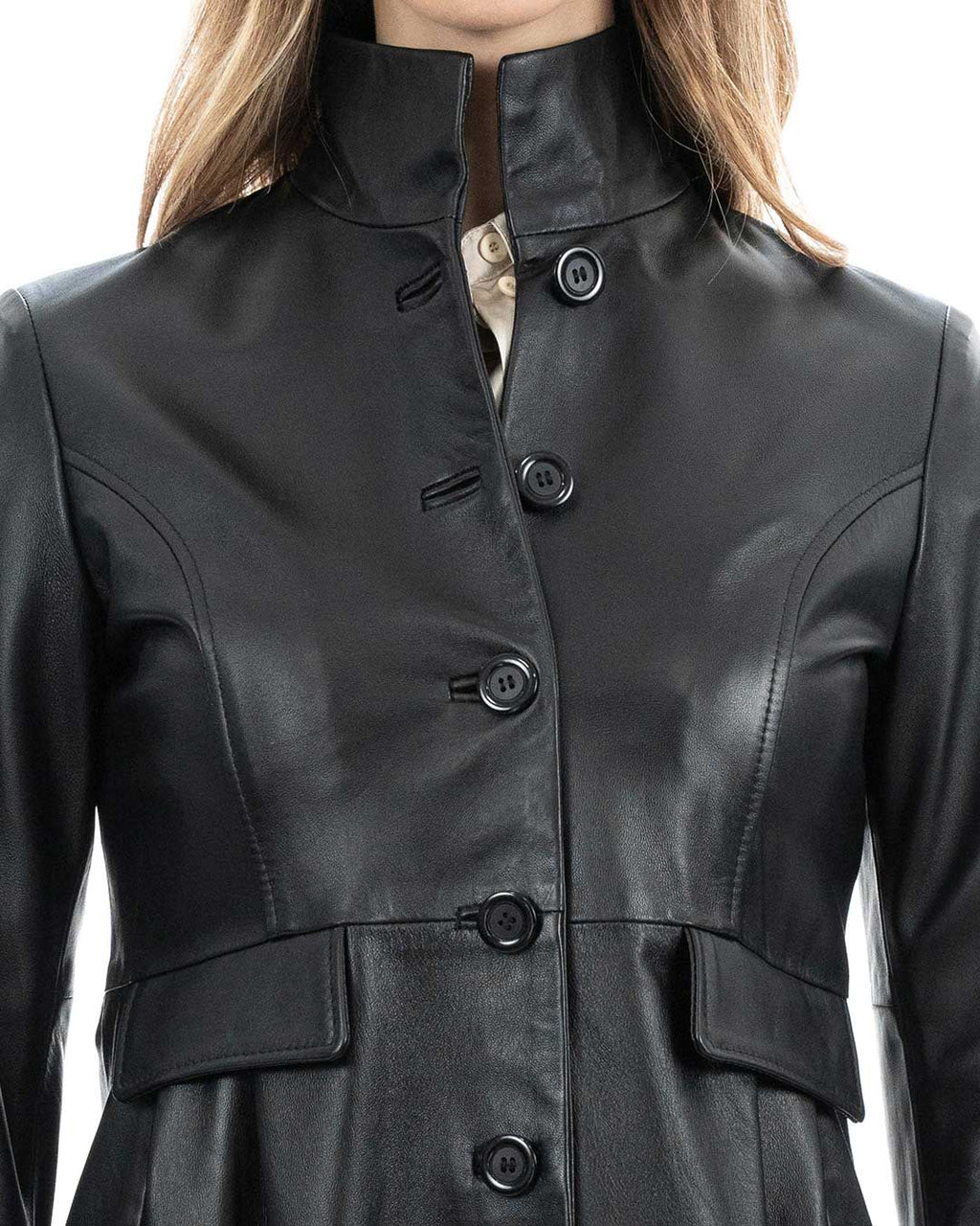 SOPHIE Giacca Cappottino lungo da donna in vera pelle nero