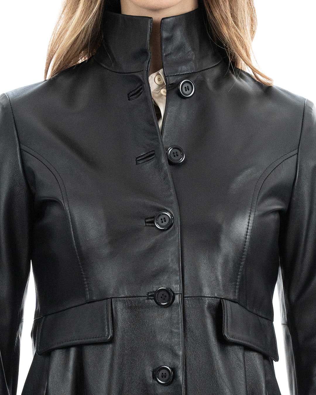 SOPHIE Giacca Cappottino lungo da donna in vera pelle nero