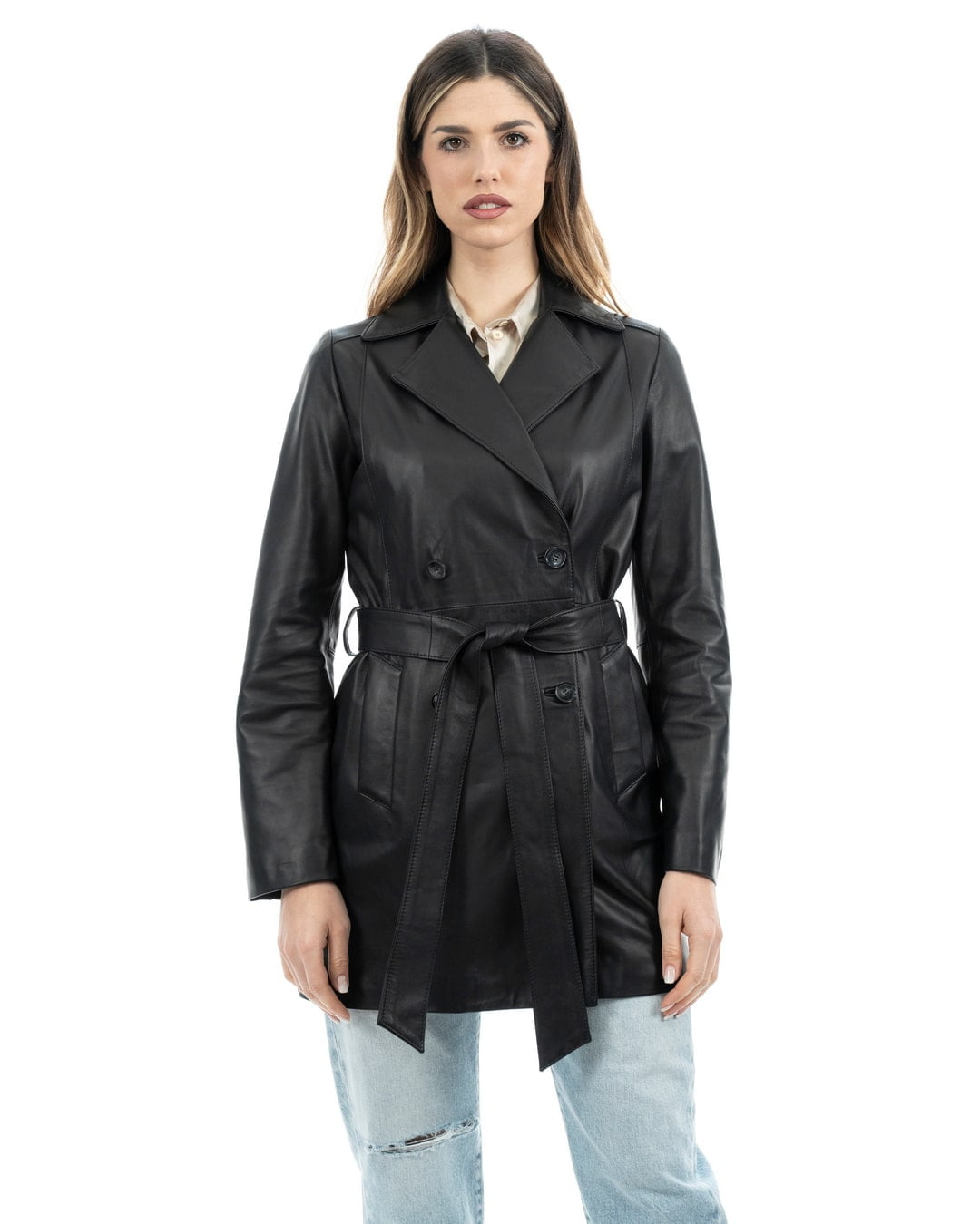 Giacca Cappottino lungo da donna in vera pelle nero