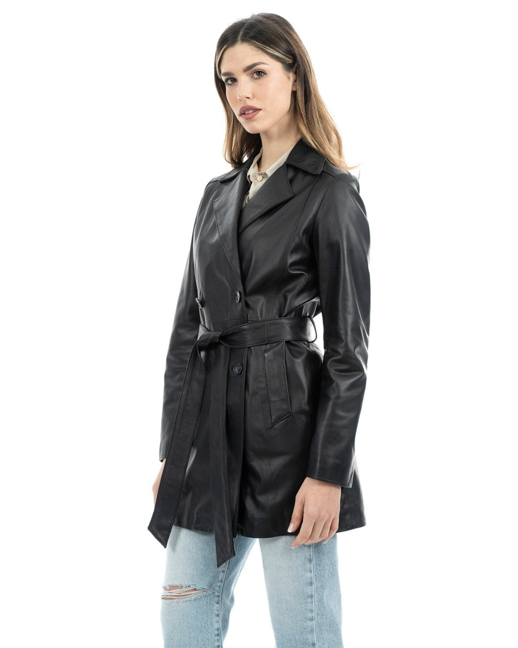 DOMINIQUE Giacca Cappottino lungo da donna in vera pelle nero