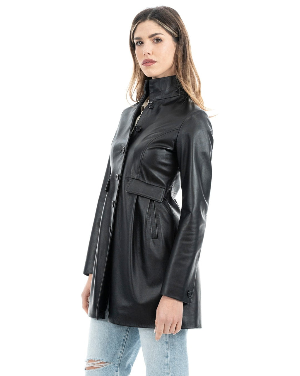 SOPHIE Giacca Cappottino lungo da donna in vera pelle nero