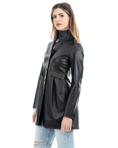 SOPHIE Giacca Cappottino lungo da donna in vera pelle nero