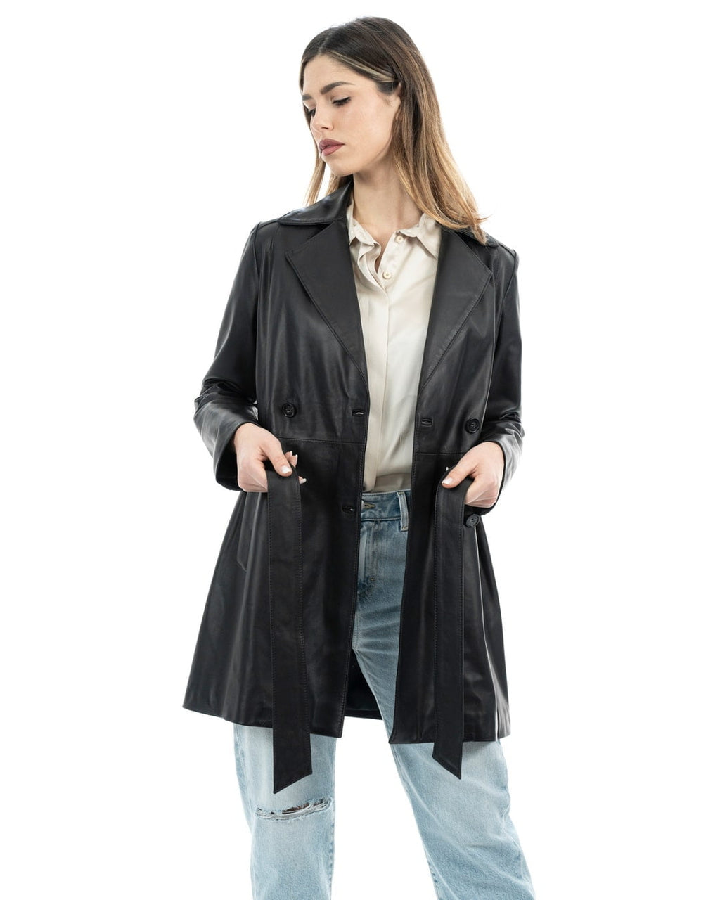 DOMINIQUE Giacca Cappottino lungo da donna in vera pelle nero
