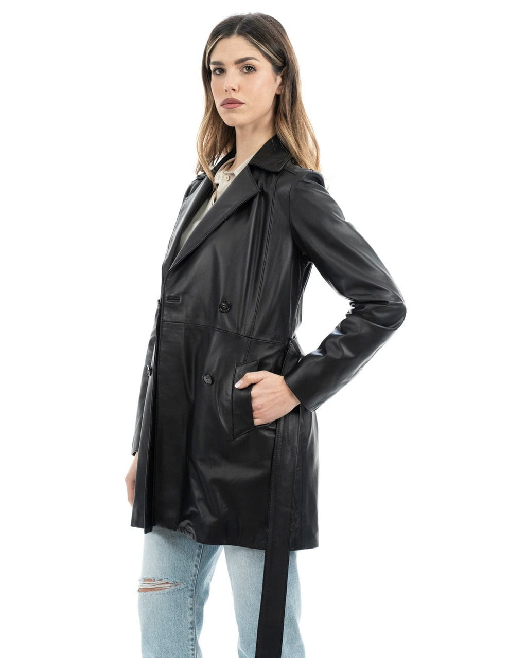 DOMINIQUE Giacca Cappottino lungo da donna in vera pelle nero