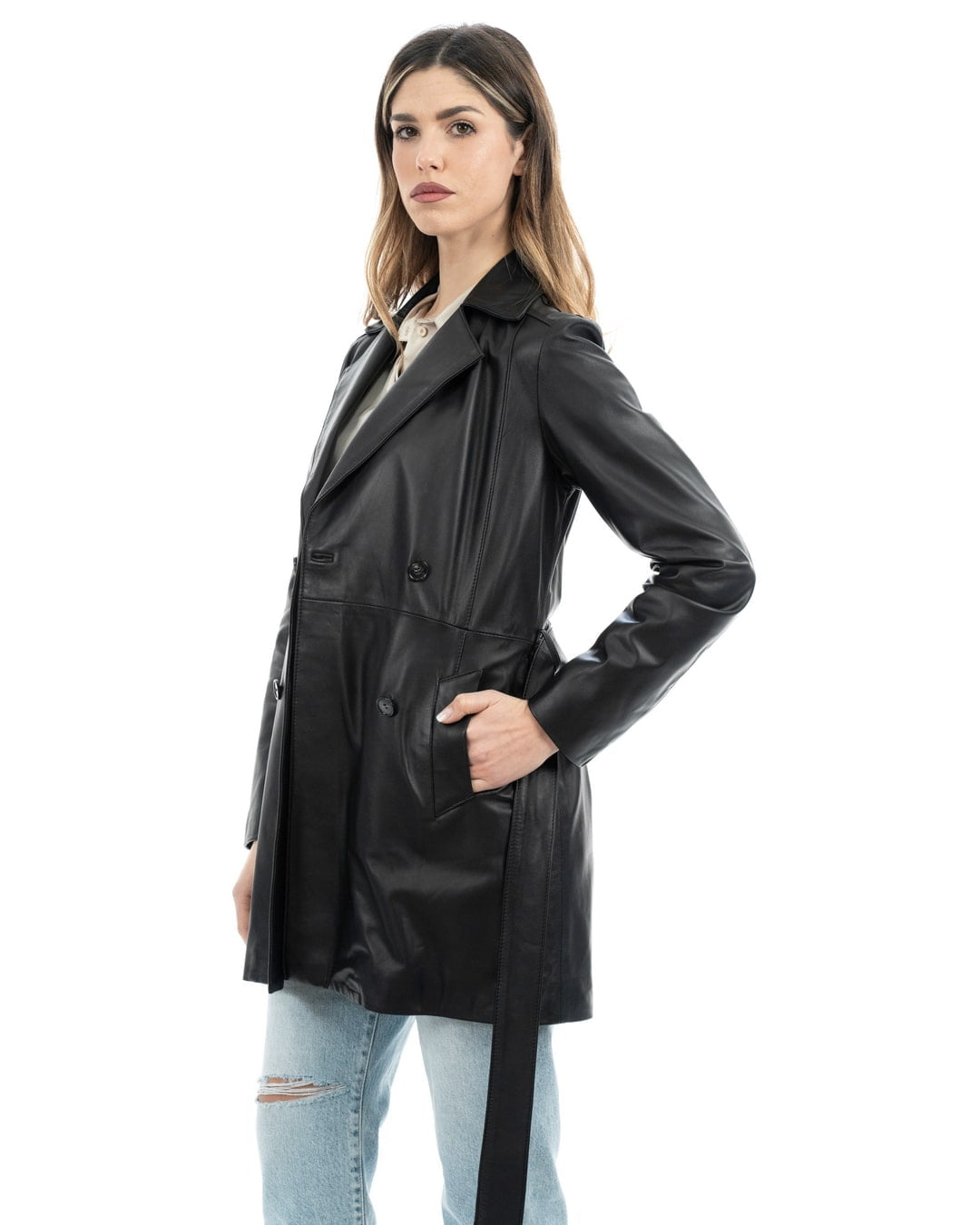 DOMINIQUE Giacca Cappottino lungo da donna in vera pelle nero