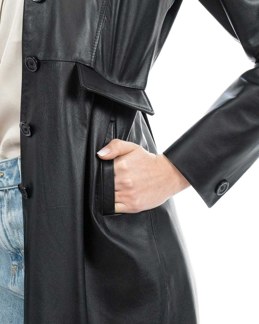SOPHIE Giacca Cappottino lungo da donna in vera pelle nero