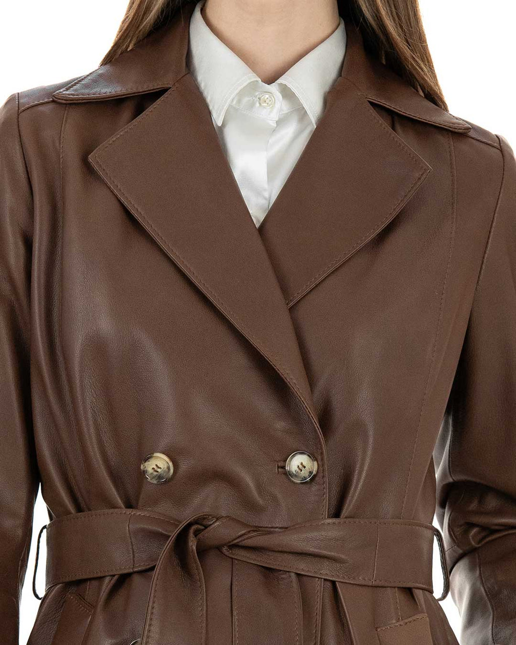 DOMINIQUE Giacca Cappottino lungo da donna in vera pelle marrone effetto tamponato