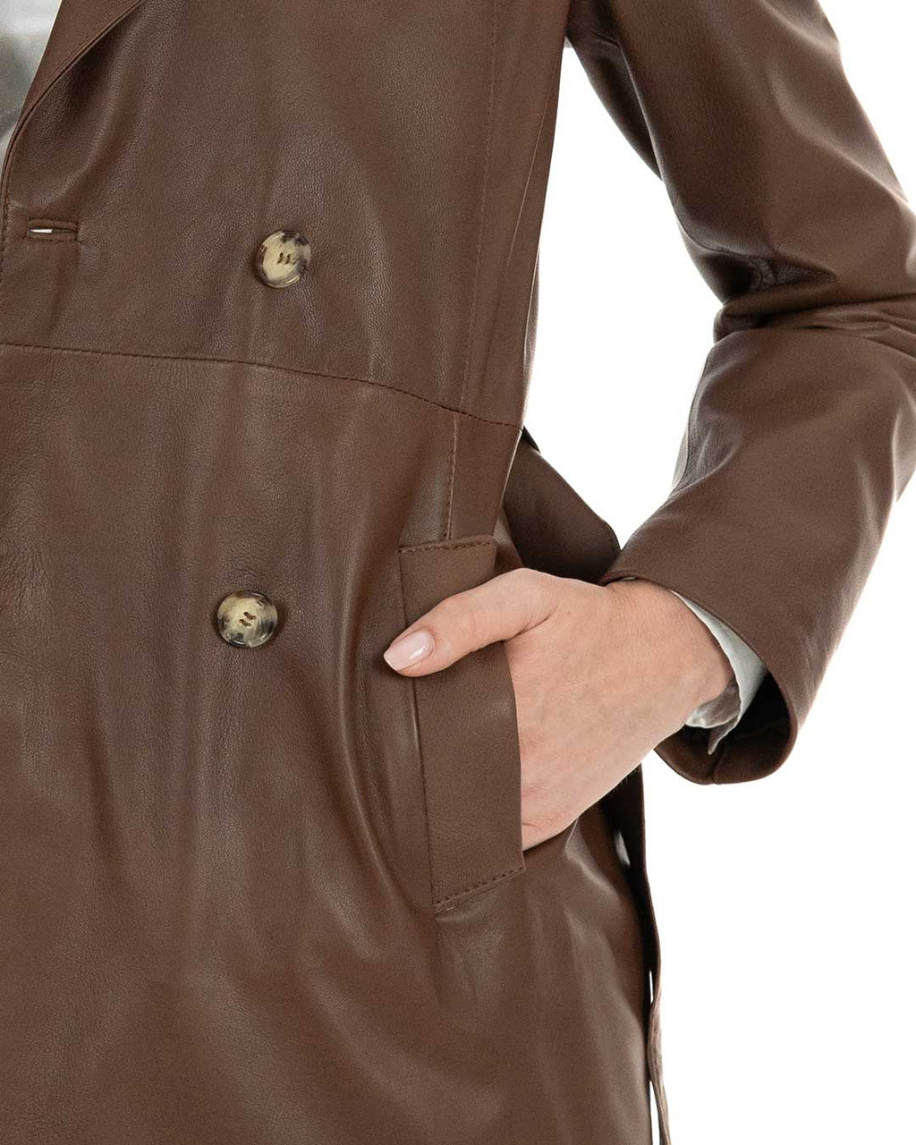 DOMINIQUE Giacca Cappottino lungo da donna in vera pelle marrone effetto tamponato