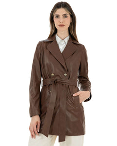 Giacca Cappottino lungo da donna in vera pelle marrone effetto tamponato