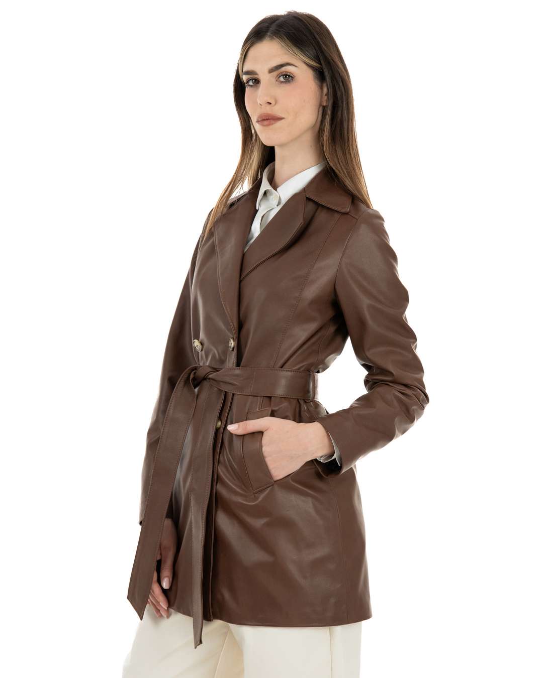 DOMINIQUE Giacca Cappottino lungo da donna in vera pelle marrone effetto tamponato