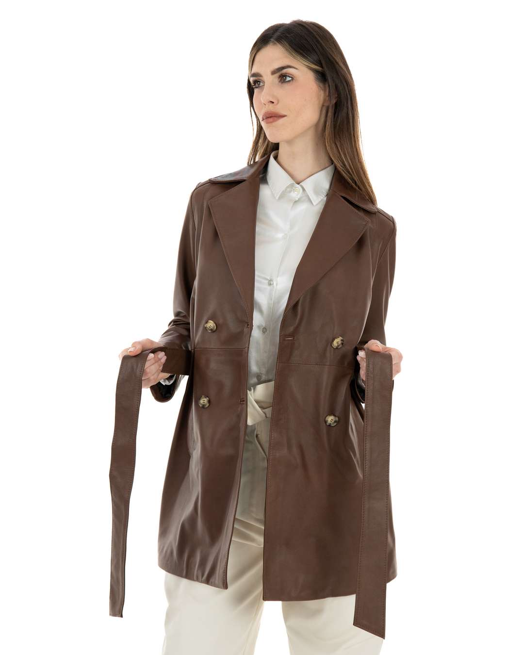 DOMINIQUE Giacca Cappottino lungo da donna in vera pelle marrone effetto tamponato
