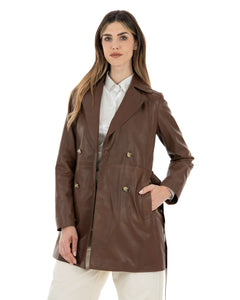 DOMINIQUE Giacca Cappottino lungo da donna in vera pelle marrone effetto tamponato