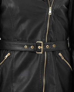 MEGAN Giacca Chiodo lungo con cintura da donna in vera pelle nero