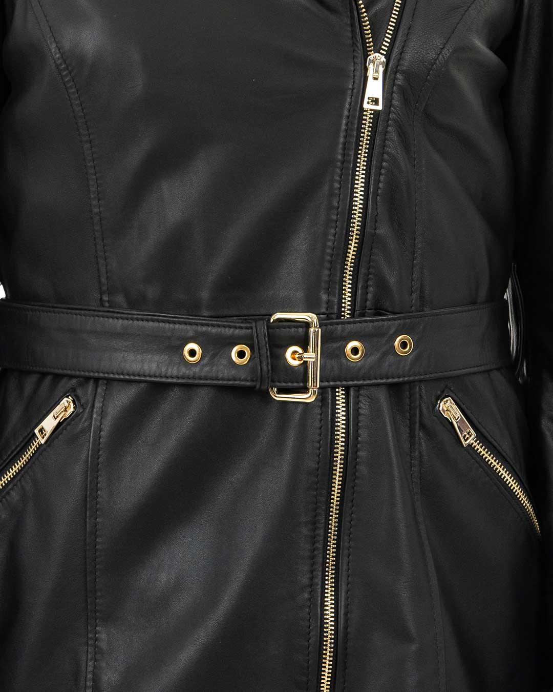 MEGAN Giacca Chiodo lungo con cintura da donna in vera pelle nero